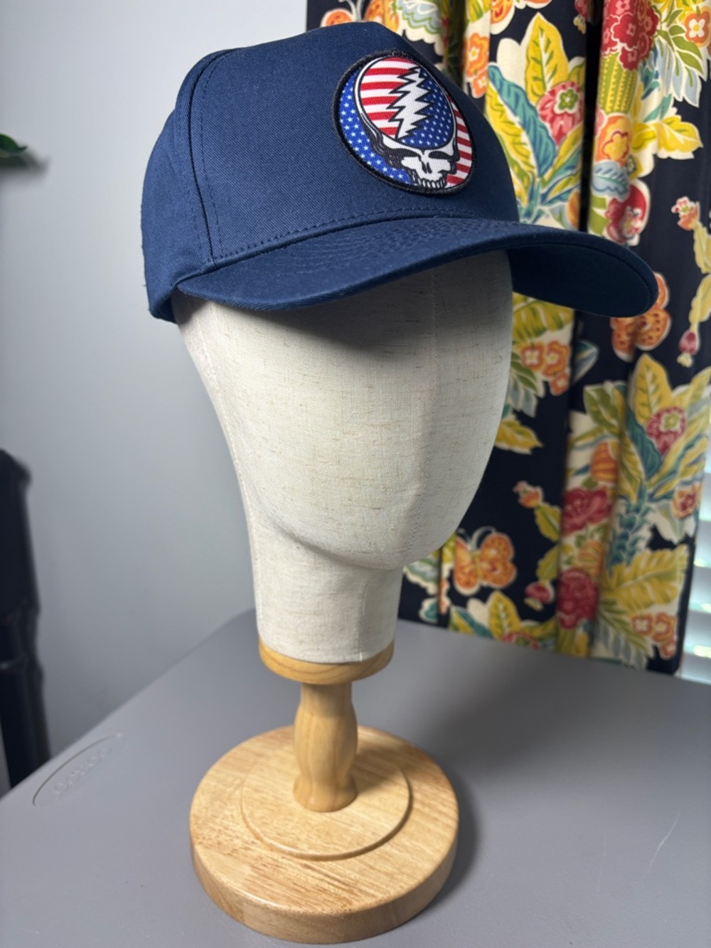Lucky Brand Grateful Dead American Flag Skull Adjustable Trucker Hat Navy Blue